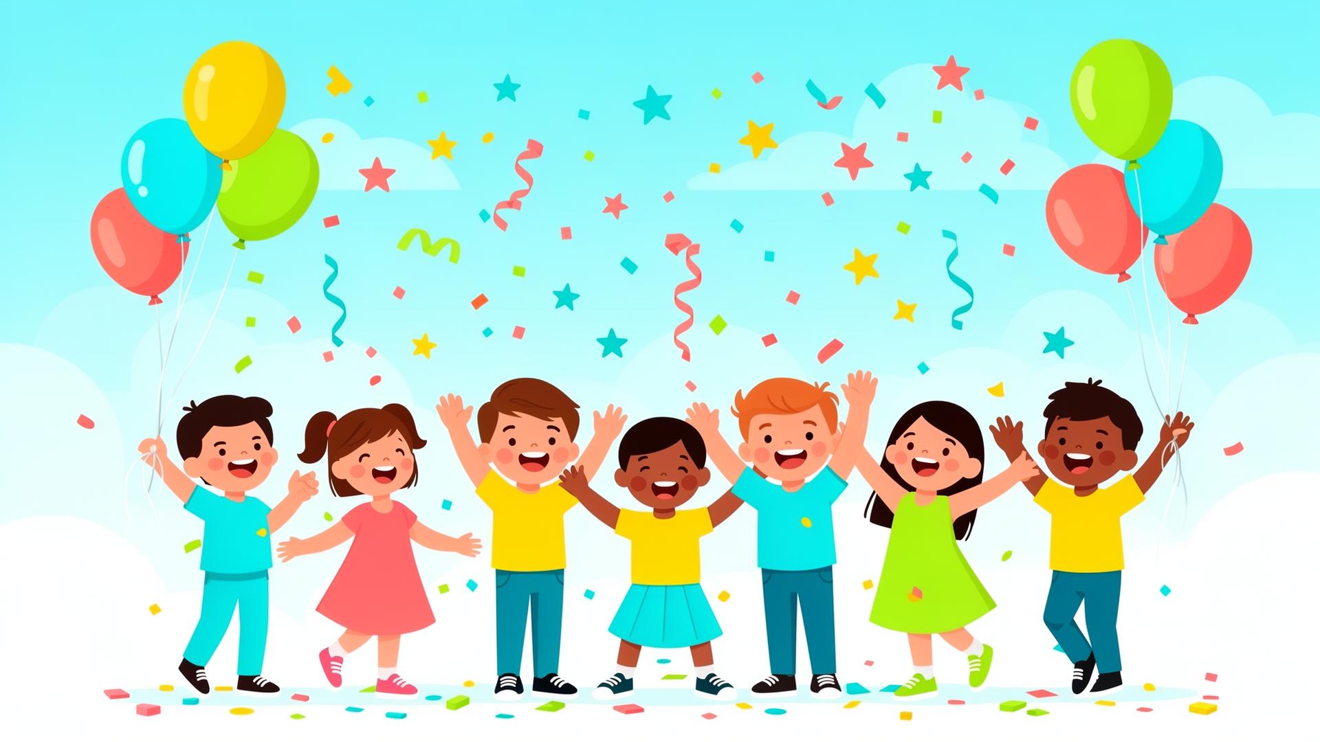 Happy kids celebrating with confetti and balloons at the dentist